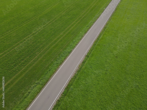 Road between green grass in the landscape 