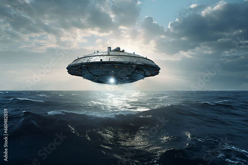 Fototapeta Naklejka Na Ścianę i Meble -  UFO landing or flying over the ocean, science fiction scene