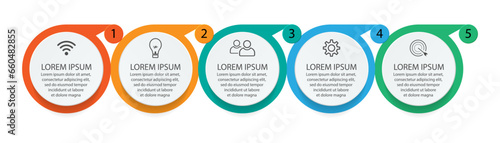 infographic template design, minimalist concept, interconnected circles with 5 steps, lines and colors in each step, good for your business presentation