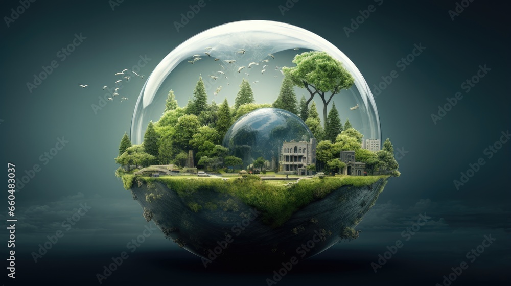 planet earth with trees and houses in the background planet earth with trees and houses in the background