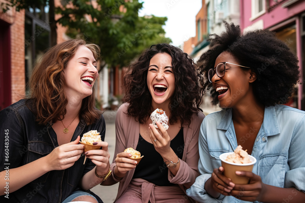 Group of happy women eating ice cream outdoors at city urban street - obrazy, fototapety, plakaty 