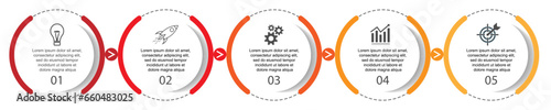 infographic template design, minimalist concept, interconnected circles with 5 steps, lines and colors in each step, good for your business presentation
