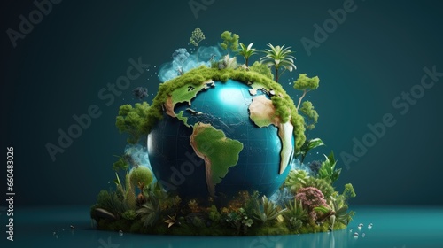 Planet earth with trees n grass on blue background.