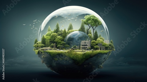 planet earth with trees and houses in the background