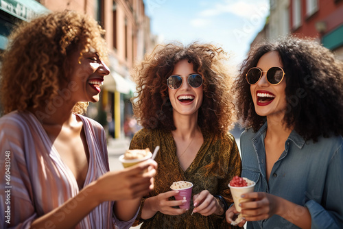 Fototapeta Naklejka Na Ścianę i Meble -  Group of happy women eating ice cream outdoors at city urban street