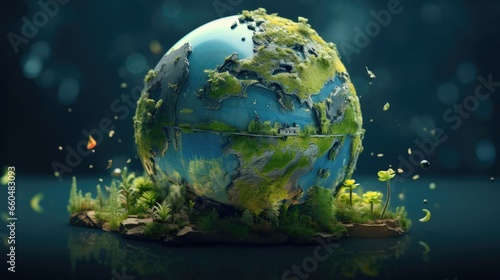 Planet earth with trees on grassy blue background.