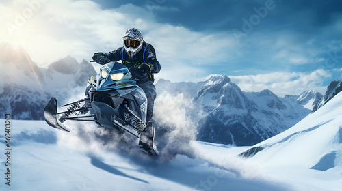 Piloto de snowmobile realizando salto espetacular na bela paisagem nevada photo