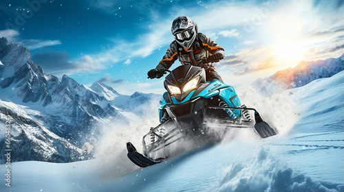 Piloto de snowmobile realizando salto espetacular na bela paisagem nevada
