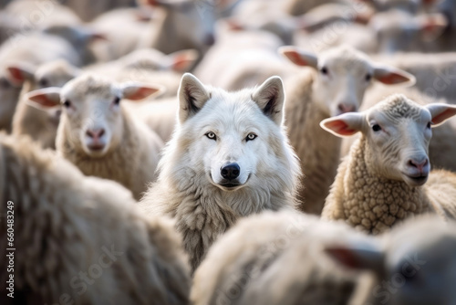 A wolf hiding among a flock of sheep, leading the way or waiting for the right moment to act - Concept of identity and difference, of being unique among others, or metaphor for hidden risk and danger photo