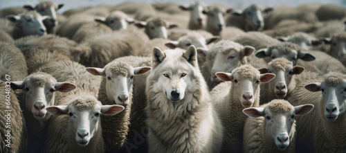A wolf hiding among a flock of sheep, leading the way or waiting for the right moment to act - Concept of identity and difference, of being unique among others, or metaphor for hidden risk and danger photo