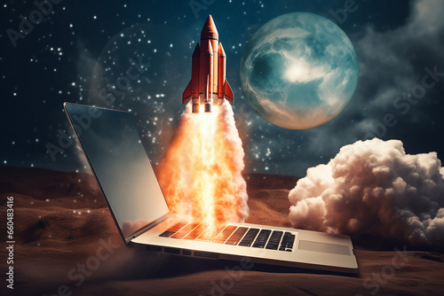 Launching Space Rocket isolated on a Laptop Screen