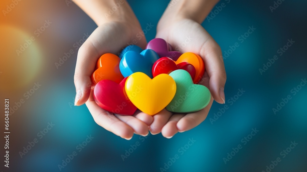 hands holding colorful heart  generated by AI - obrazy, fototapety, plakaty 