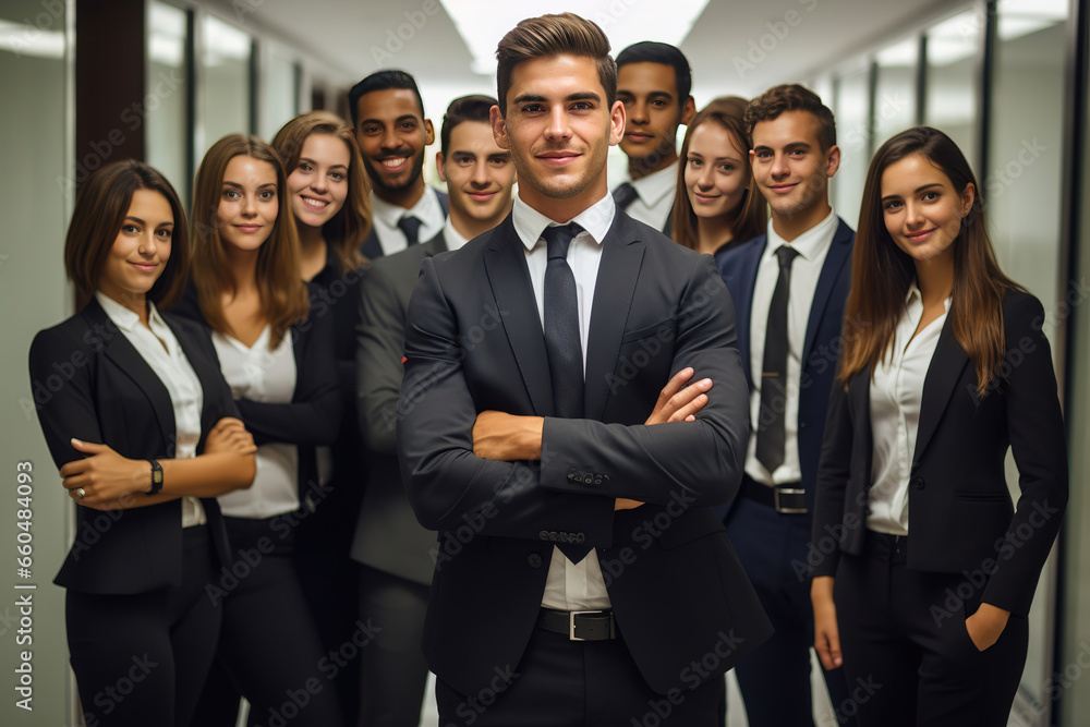 confident business team posing with it's leader at a corporate office