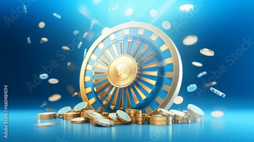 Vector 3d fortune wheel with golden flying coins on blue abstract background. Spin casino roulette and win prizes