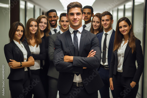 confident business team posing with it's leader at a corporate office