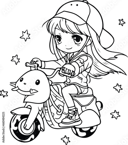 Cute little girl riding a motorbike. Coloring book for children.