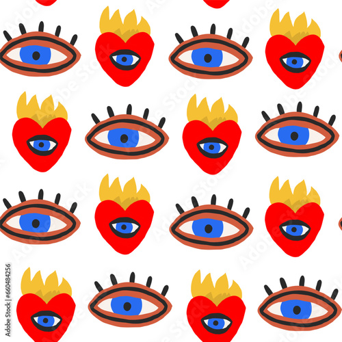 Doodle pattern with stylish hearts symbols and eyes. Doodle eyes pattern on white background. Modern valentines day pattern. Vector illustration