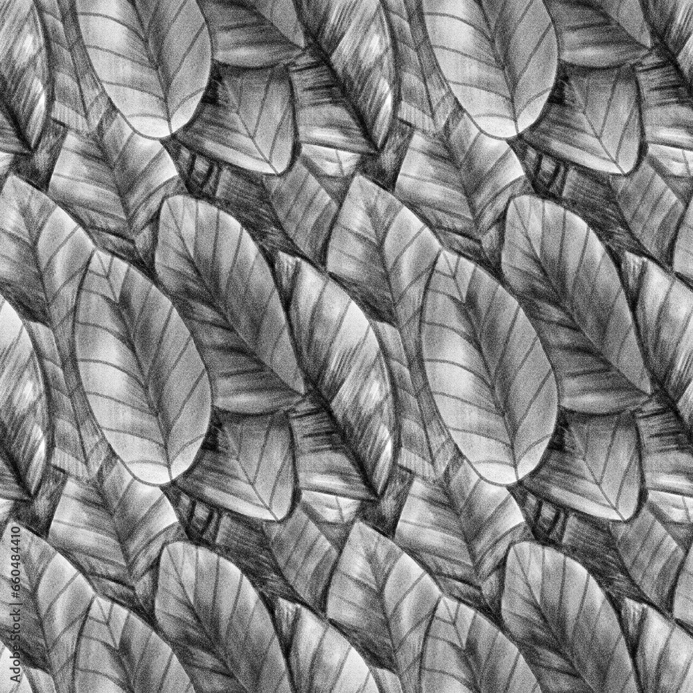 Seamless leaf pattern. Elements drawn by hand with graphite pencils. Black and white sketch. Design of wallpaper, fabric, textiles, clothing, packaging.	