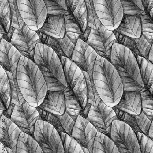 Seamless leaf pattern. Elements drawn by hand with graphite pencils. Black and white sketch. Design of wallpaper, fabric, textiles, clothing, packaging. 