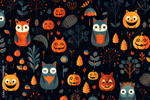Pattern for Halloween with orange smiling spooky pumpkins and forest animals on dark background