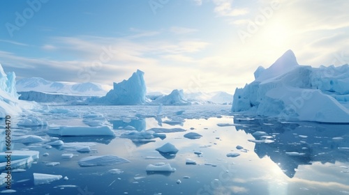 Antarctica, iceberg in bright backlight, ice floes inside Desolation Island on the Antarctic Peninsula, ice blocks and mountains; Blue Bay at Antarctica's Andvord; illuminated ice photo