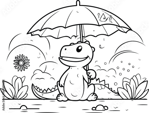 Cute crocodile with umbrella. Vector illustration for coloring book.