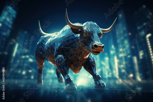 Bull and stock market graph in blue, digital technology and futuristic style. © arhendrix