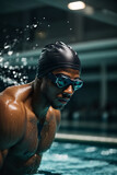 Closeup portrait of an African American man wearing a swimming cap and glasses in the pool in the evening or at night