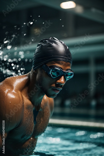 Closeup portrait of an African American man wearing a swimming cap and glasses in the pool in the evening or at night