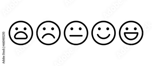 Emoji feedback scale icons set. Vector black line icons isolated on white background.