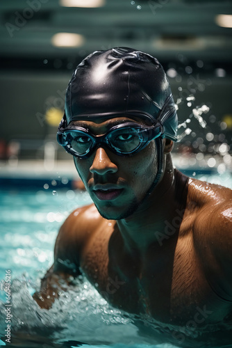 Closeup portrait of an African American male athlete in the pool