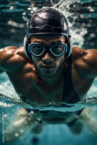 Close up of a handsome African American man wearing a swimming cap and glasses swimming in the pool in the evening or at night. Health, professional sports, active recreation, relaxation concepts