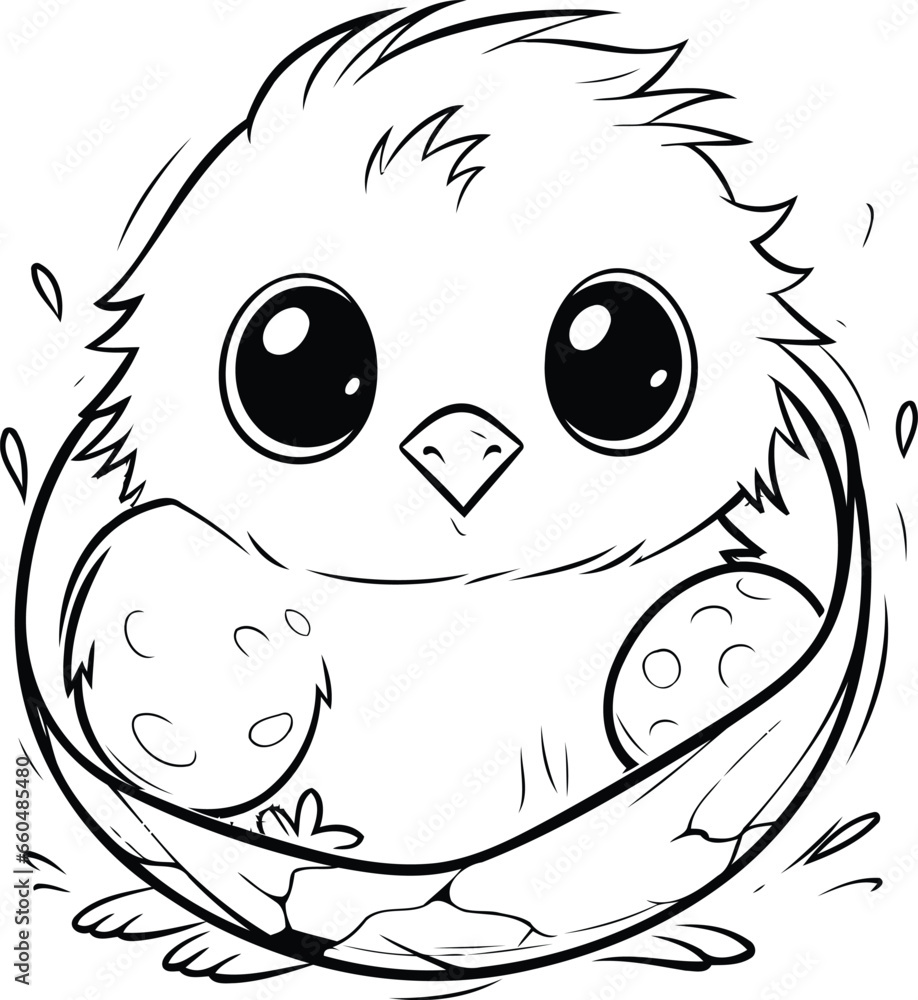 Cute little chick in nest. Black and white vector illustration.