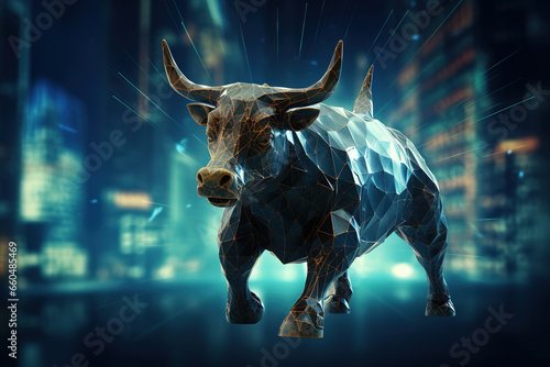 Bull and stock market graph in blue, digital technology and futuristic style.
