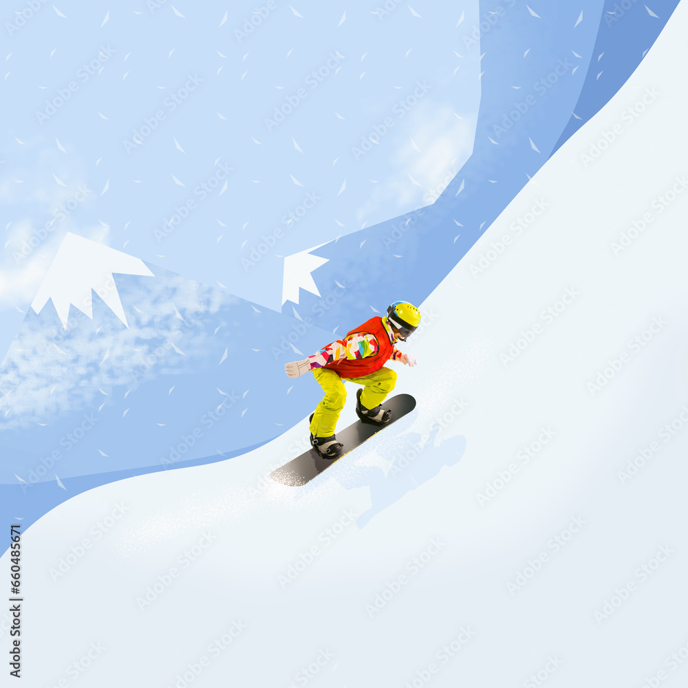 Young girl, active sport lover riding on snowboard, going down the snowy mountain hill. Creative design. Concept of winter sport, holidays, vacation, tourism, extreme. Poster, ad