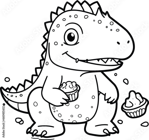 Coloring Page Outline Of a dinosaur with cupcake for children © Waqar