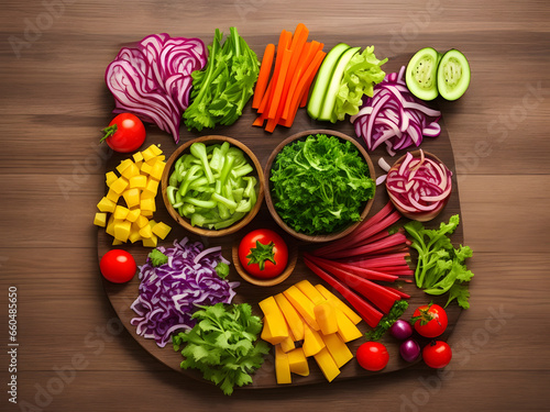 Different types of Fresh and healthy raw vegetables on wooden table. Image is generated with the use of an Artificial intelligence