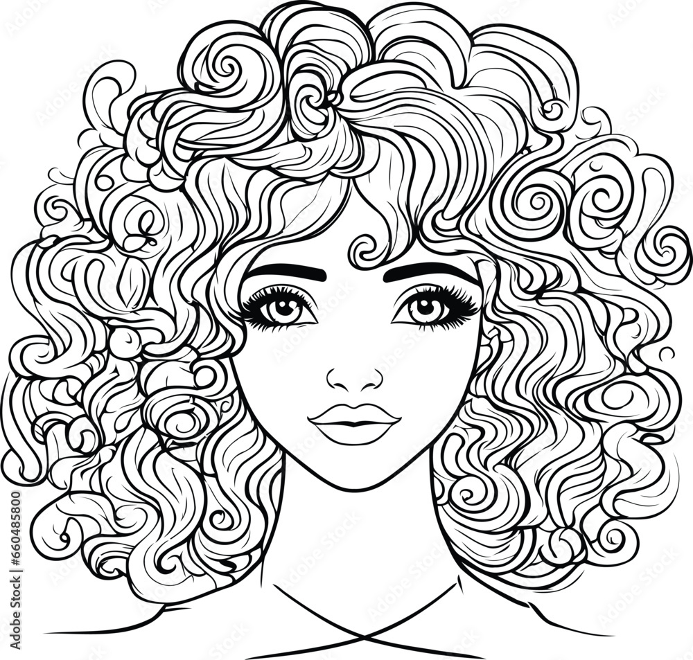 Beautiful woman with curly hair. Vector illustration for coloring book.
