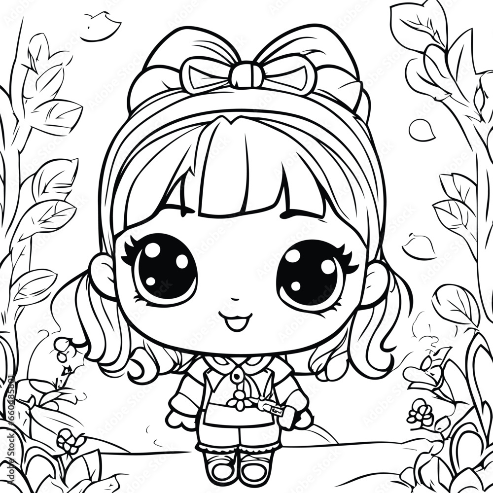 Cute cartoon girl with flowers. Vector illustration for coloring book.