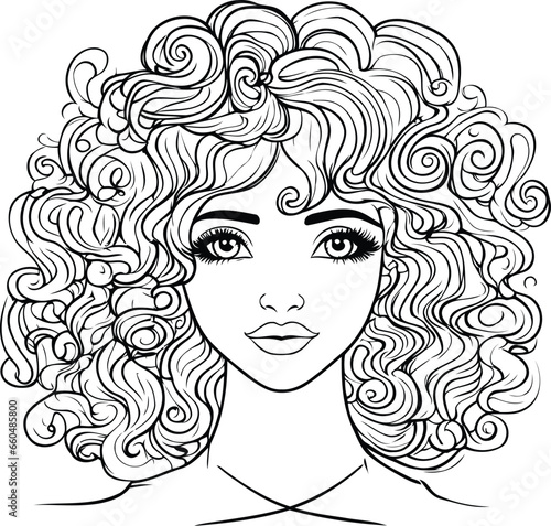 Beautiful woman with curly hair. Vector illustration for coloring book.