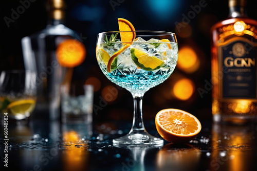 Nahaufnahme eines Glases Gin mit Orange und Eiswürfeln.