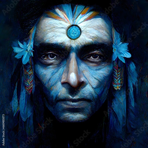an indian face blue eyes looking to the siide surrounding his portrait is a wreath of light blue feathers and dark blue translucent surrealsm with tubes  photo