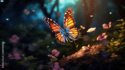 A beautiful butterfly gracefully soars over vibrant flowers and plants, encapsulating the serene elegance of nature's ballet. Generative AI.