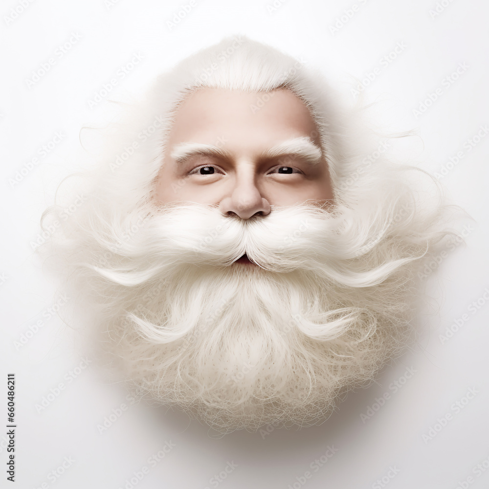 Face mask, head closeup of Grandfather Santa Claus without makeup with white beard, mustache and gray hair on white background