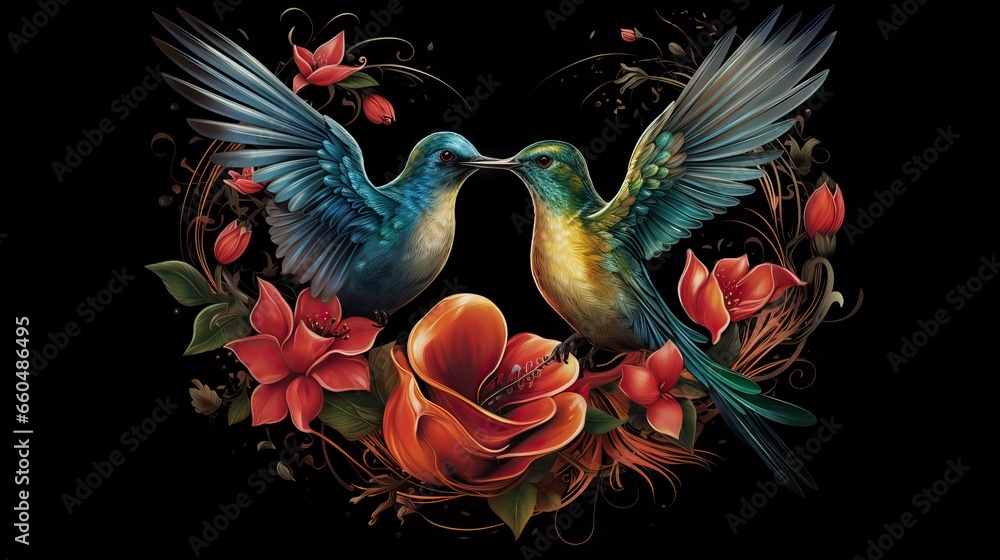 Two hummingbirds fly face-to-face amidst a backdrop of blooming flowers, symbolizing nature's delicate dance and vibrant harmony. Generative AI.