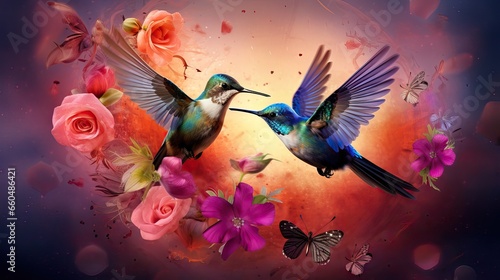 Two hummingbirds fly face-to-face amidst a backdrop of blooming flowers  symbolizing nature s delicate dance and vibrant harmony. Generative AI.