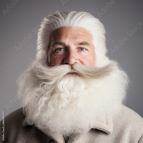Portrait of grandfather Santa Claus without makeup with a white beard, mustache and gray hair on a dark background