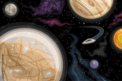 Vector Fantasy Space Chart, astronomical horizontal poster with cartoon design orbiting Europa about Jupiter, fly sci fi rocket in deep space, decorative cosmic print on black starry space background