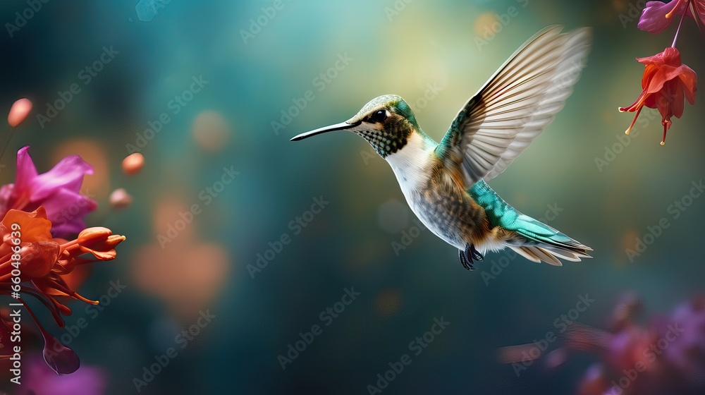 Fototapeta premium A hummingbird hovers with graceful agility, its wings a blur as it collects pollen from a vibrant flower, a dance of nature's symbiosis. Generative AI.