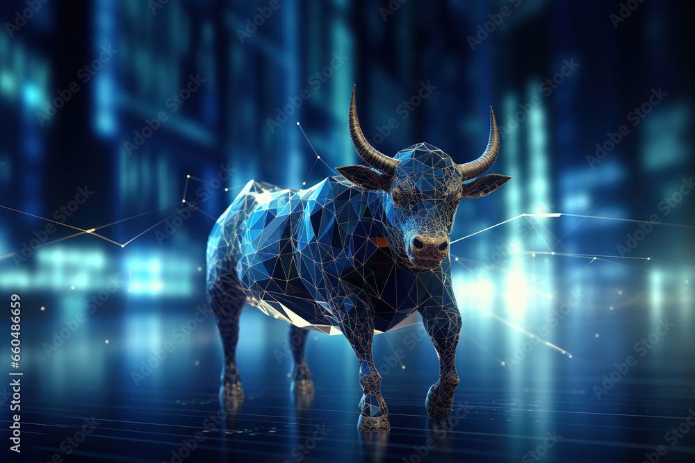 Bull and stock market graph in blue, digital technology and futuristic style. Bull and stock market graph in blue, digital technology and futuristic style.
